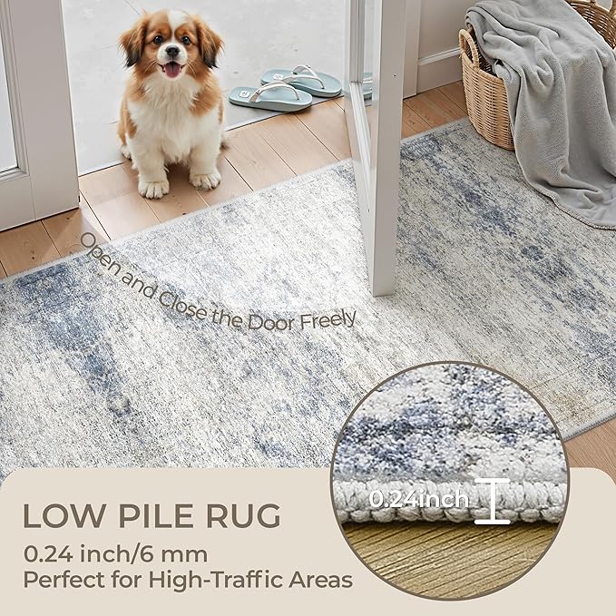 Rug Runners for Hallways Non Slip - 2x8 Runner Rug for Bedroom, Washable Runner with Rubber Backing, Soft Low-Pile Carpet for Kitchen, Laundry, Bathroom (2'x8', Blue/Brown/Ivory)