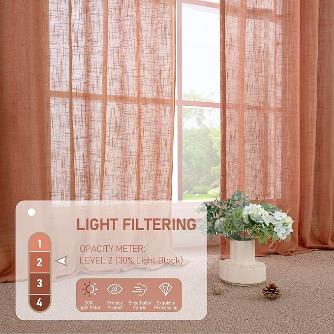 LAMIT Semi Sheer Linen Curtains for Living Room, Back Tab and Rod Pocket Terracotta Curtains Light Filtering Country Rustic Neutral Drapes for Bedroom/Farmhouse, 2 Panels, 52 x 102 Inch