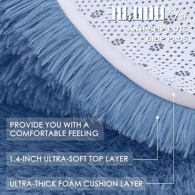 OLANLY Blue Round Rugs for Bedroom - Machine Washable, 2 ft Circle Area Rugs for Living Room, Soft and Fluffy Shaggy Carpet for Teen Girl and Boys, Nursery Rooms, Dorms, Home Decor Aesthetic