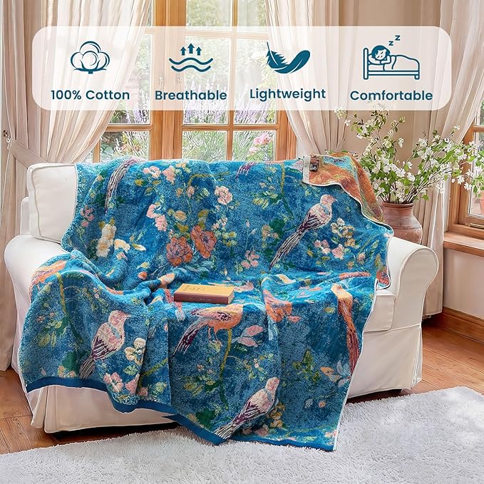 MSGKV Boho Throw Blanket for Couch 50"x60" Cotton Blanket with Floral and Bird Spring Breathable Lightweight Farmhouse Decorative Blankets for Sofa Muslin All Seasons