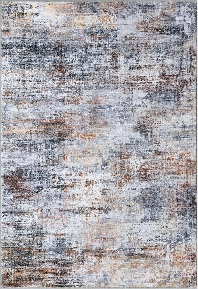 IOHOUZE Abstract Area Rugs 6x9 Ft Washable Rugs for Living Room, Non Slip Dining Room Rug, Printed Faux Wool Rugs for Bedroom, Floor Carpet for Office Nursery Playroom, Orange Grey