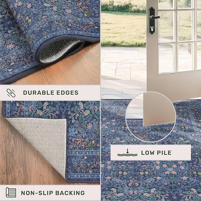 Vintage Dark Blue 3x4 Entryway Rug, Washable Small Area Rugs for Kitchen, Bedroom, Oriental Low Pile Stain Resistant Non-Slip Large Rug