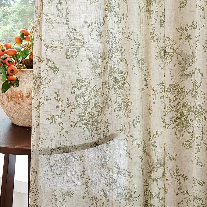 jinchan Linen Blend Floral Curtains for Living Room 90 Inch Length Farmhouse Printed Curtain Rod Pocket Back Tab Sage Green Peony Flower Patterned Drapes Bedroom Curtains Set 2 Panels