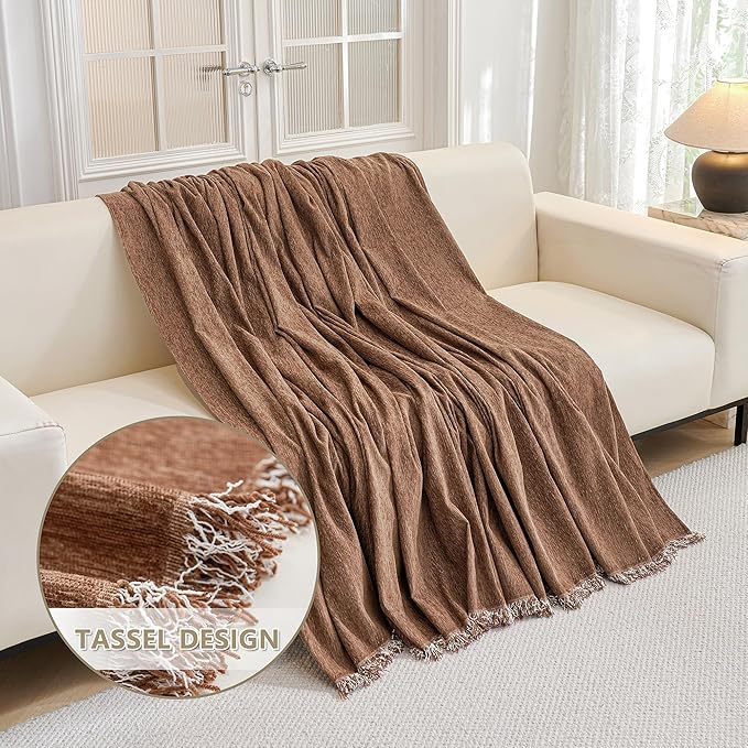 MYSKY HOME Boho Couch Cover Camel Sofa Covers with White Tassel Farmhouse Sofa Slipcover Simple Couch Protector for Dogs Chenille Sectional Couch Covers L Shaped Couch Cushion Covers, 91"x 134"