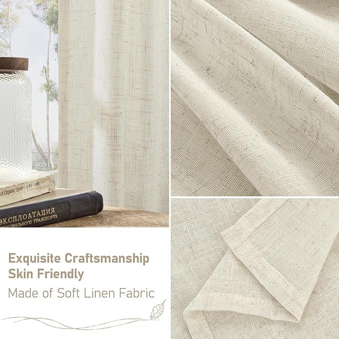 LAMIT Natural Semi Sheer Linen Curtains 60 Inch, Light Filtering Neutral Window Panels Farmhouse Boho Back Tab and Rod Pocket Drapes for Bedroom, Cream Ivory, 2 Panels, 52 x 60 Inch