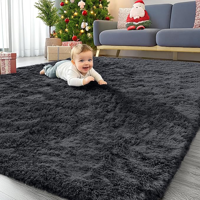 OLANLY 6x12 Machine Washable Large Area Rugs for Living Room, Bedroom, Soft Fluffy Shaggy Bedside Rug, Indoor Floor Carpet for Kids Girls and Boys, Dorms, Nursery, Home Decor Aesthetic, Black