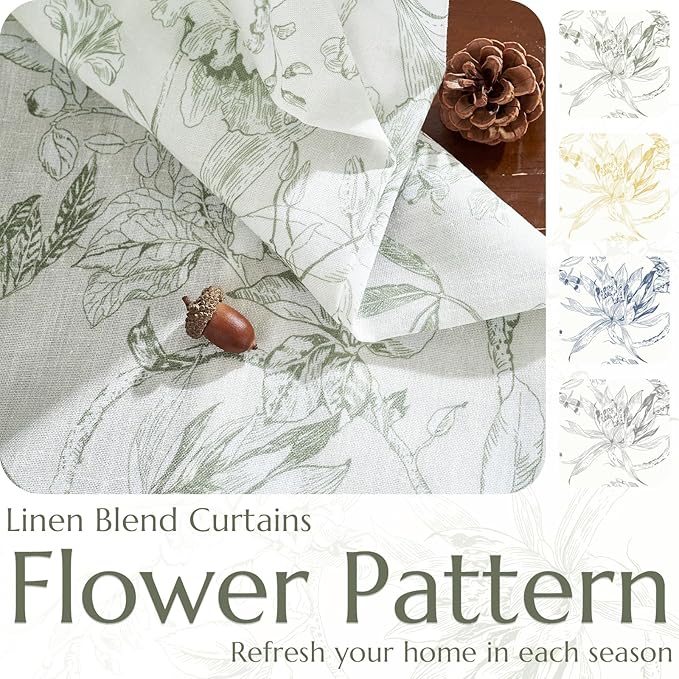 jinchan Floral Curtains 96 Inches Long Sage Green Flower Linen Farmhouse Curtain for Living Room French Country Vintage Curtain Rod Pocket Curtains Set 2 Panels Floral Printed