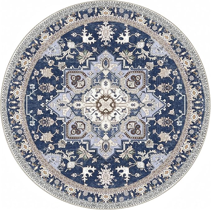 OPPODREAM Soft Round Rug 3ft, Washable Circle Rug 3ft with Non Slip Backing Play Room, Low-Pile Carpet 3 ft, Small Faux Cashmere Throw Carpet, Navy Blue & Gold