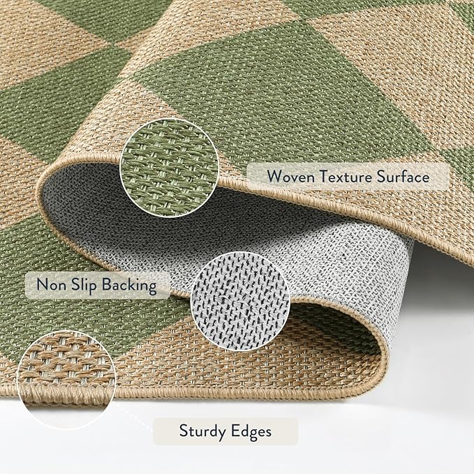 Lahome Colette Green Checkered Easy Jute Rug, 3x5 Washable Outdoor Rug Neutral Rug for Entryway, Checkerboard Non Slip Non Shedding Floor Carpet for Living Room Front Door Porch