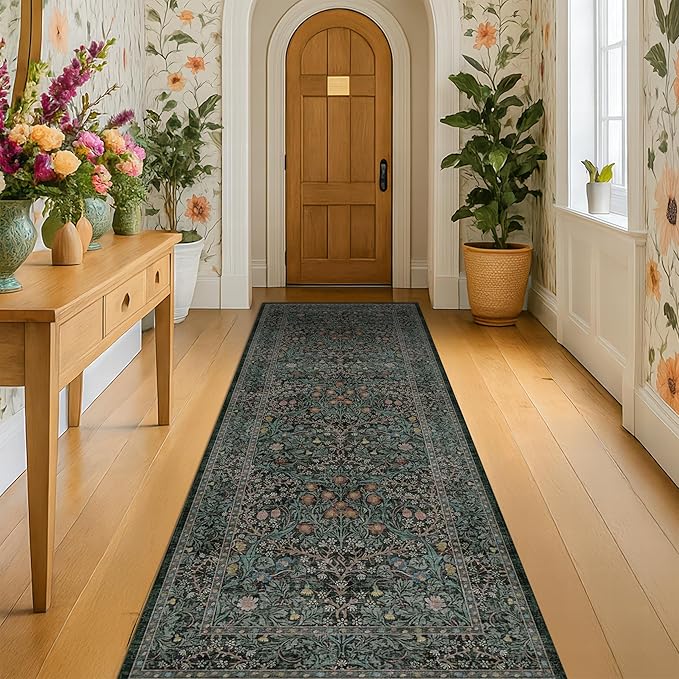 Vintage 3x8 Wide Runners for Hallways, Long 8ft Floor Runner for Kitchen, Entryway Indoor, Washable Non Skid Rubber Backing Stain Resistant - Dark Green Floral Décor