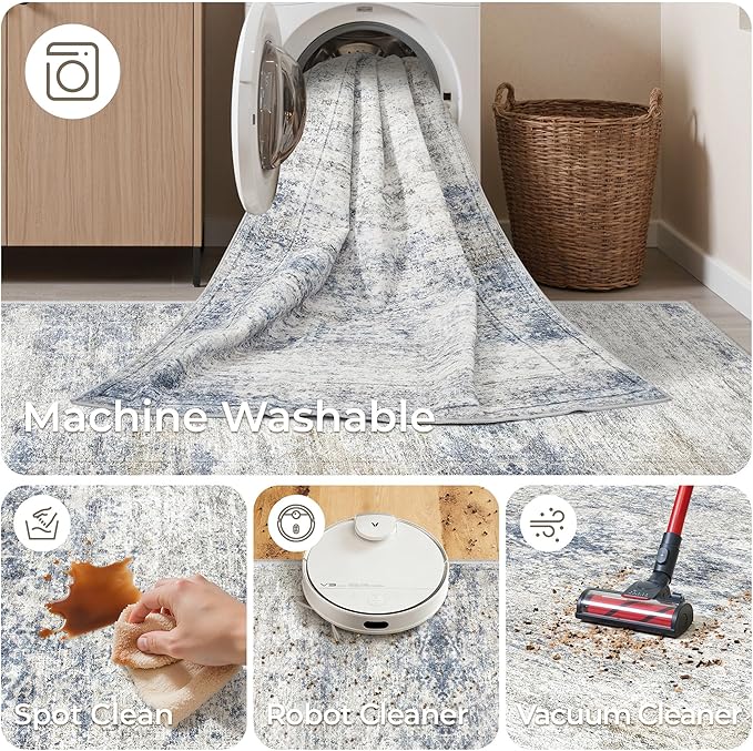 Long Hallway Runner Rug- Carpet Runners for Hallway 12ft, Anti Slip Backing Washable Rug Runner for Entrance, Living Room, Soft Low Pile Modern Rug Runner(2'x12', Blue/Brown/Ivory)