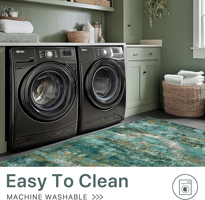 BEIMO Machine Washable Rug 5x7 Area Rugs for Living Room Bedroom, Large Turquoise Abstract Area Rug Soft Throw Rugs, Low-Pile Floor Carpet with Non Slip Rubber Backing