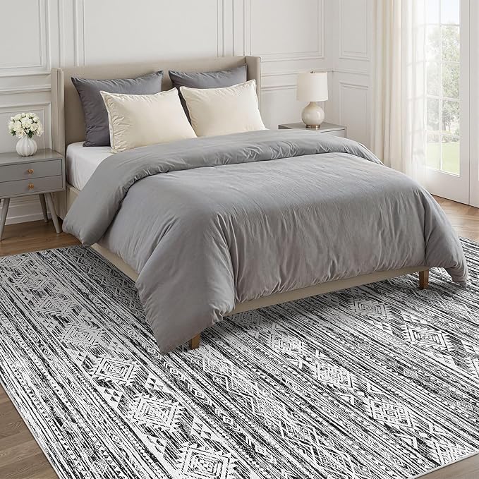 Nakagishi Bedroom Rug Area Rugs 4x6: Washable Boho Neutral Farmhouse Stain Resistant Moroccan Non-Slip Throw Carpet for Women Modern Home Enthusiast Aged 25-40 - Entryway Kitchen Bedside - Black White