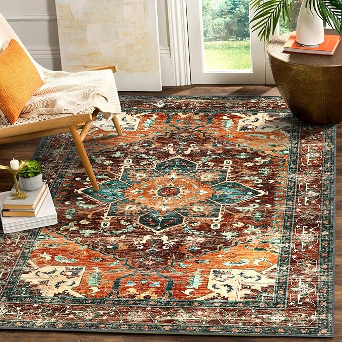 Yamaziot 6x9 Large Area Rug, Non-Slip Washable Boho Vintage Living Room Rug with Rubber Backing, Low Pile Faux Wool Soft Distressed Rug Floor Carpet for Dinning Room, Bedroom