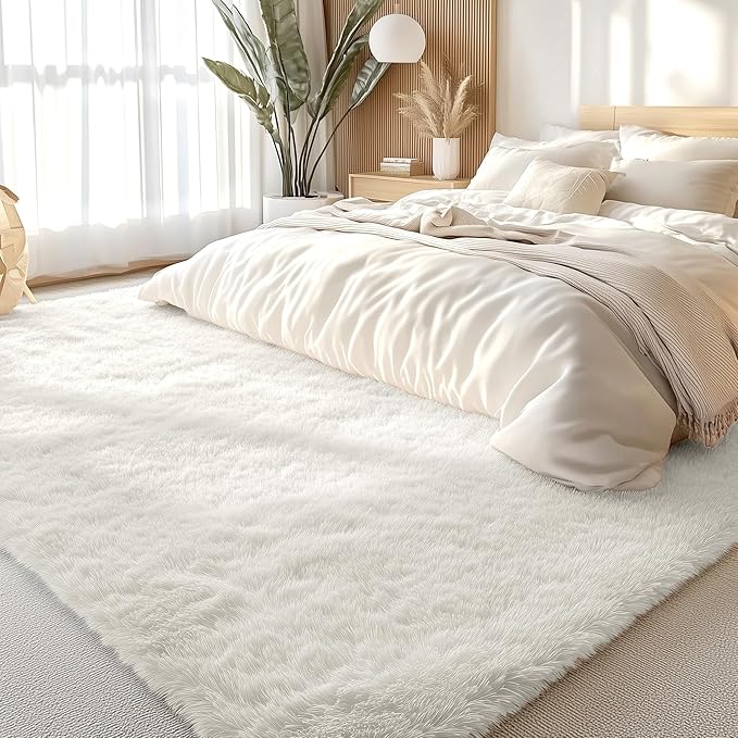 OLANLY 5x11 Machine Washable Large Area Rugs for Living Room, Bedroom, Soft Fluffy Shaggy Bedside Rug, Indoor Floor Carpet for Kids Girls and Boys, Dorms, Nursery, Home Decor Aesthetic, Ivory