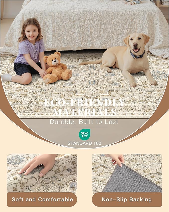 Madane 6x9 Area Rugs for Living Room, Stain Resistant Washable Rugs, Non-Slip Backing Area Rug, Vintage Home Decor Rug for Bedroom (Beige/Blue, 6'x9')