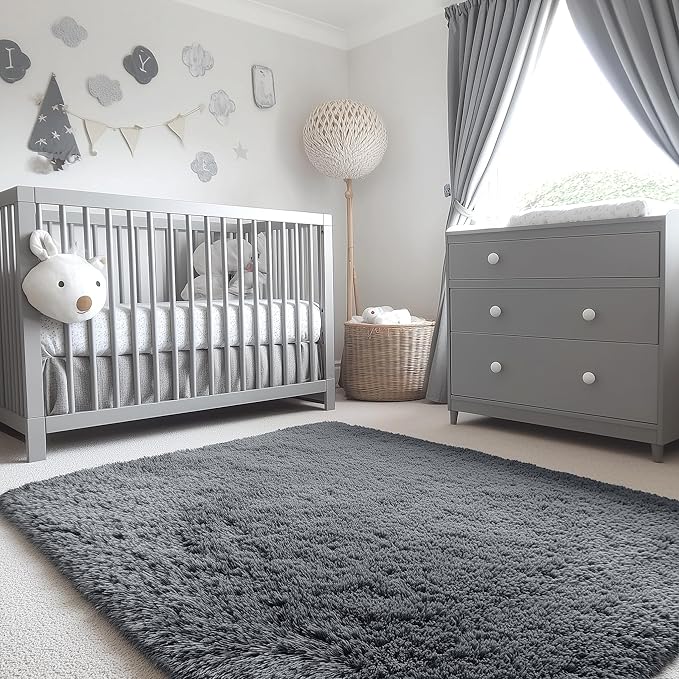 OLANLY 3x4 Machine Washable Accent Rug, Soft Fluffy Shaggy Area Rug for Bedroom, Living Room, Indoor Floor Carpet for Kids, Nursery, Home Decor, Grey