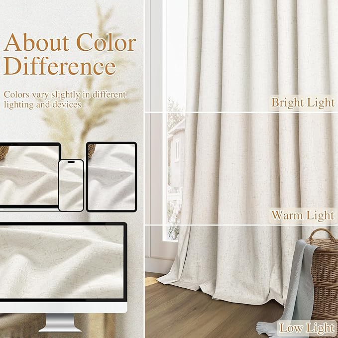 Cream 100% Blackout Linen Curtains 86 Inch Length 2 Panels Set for Living Room Bedroom Back Tab Thermal Insulated Black Out Drapes Room Darkening Farmhouse Style for Bedroom Window Curtains 52x86