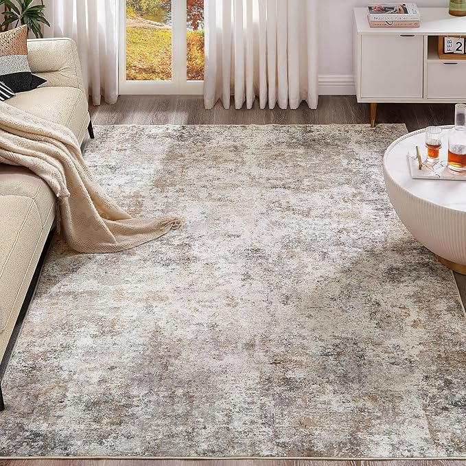 UERMEI 7x10 Area Rug Living Room Rugs - Washable Neutral Modern Abstract Soft Thin Large Rug Indoor Floor No Slip Rug Carpet for Bedroom Under Dining Table Home Office Decor - Brown Grey