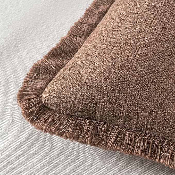 MIULEE Decorative Throw Pillow Covers Neutral Linen Fringe Throw Pillows Set of 2 Dark Coffee Boho Farmhouse Cushion Covers with Tassels for Couch Sofa Bed Living Room Spring Home Decor 18x18 Inch