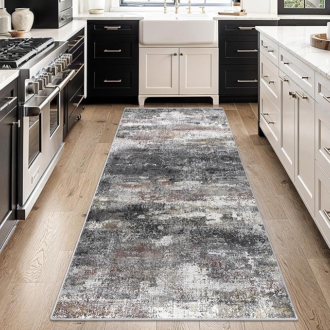 Runner Rug for Hallway Kitchen 2x7 Machine Washable Runners Rug for Entryway, Dark Gray Soft Modern Abstract Throw Rugs, Floor Carpet with Non Slip Rubber Backing