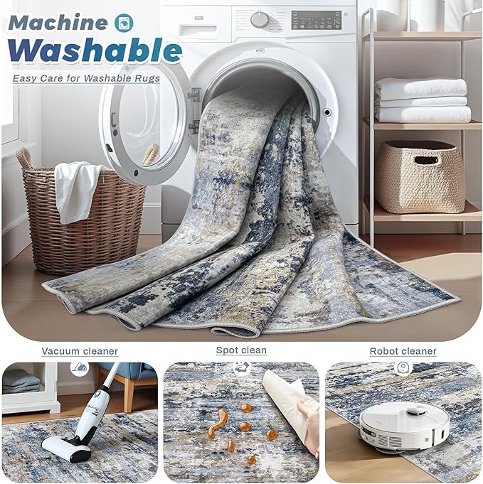 Area Rugs 2x8 Runner Rug: Washable Hallway Rug Modern Abstract Neutral Soft Non-Slip Low-Pile Indoor Carpet for Kitchen Bedside Entrance Laundry (Blue Grey Brown, 2'x8')