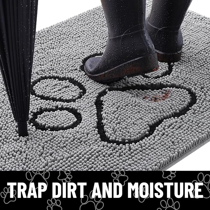 Smiry Dog Door Mat for Muddy Paws, Absorbent Dirt Trapper Non Slip Quick Dry Washable Chenille Mat for Mud Dogs, Entry Rug for Indoor and Outdoor (47x17 Inches, Grey and Black)