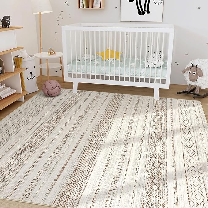 Nakagishi Area Rug Living Room Rugs: 5x7 Machine Washable Boho Large Neutral Farmhouse Stain Resistant Moroccan Indoor Floor Carpet for Bedroom Nursery Dorm Classroom Playroom Dining Room Home- Brown
