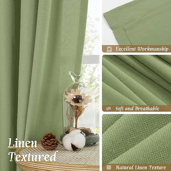 LAMIT Sage Green Linen Curtains for Living Room 84 inch Length 2 Panels, Light Filtering Privacy Panels Rod Pocket Neutral Privacy Drapes for Bedroom/Sliding Glass Door, 52 x 84 Inch