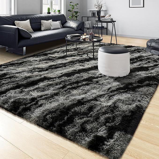Tepook Soft Fluffy Rugs for Living Room, 5x8 Shaggy Area Rug for Bedroom, Modern Shag Rug Fuzzy Carpets for Kids, Plush Indoor Nursery Home Decor Rug with Non-Slip Bottom, Black Grey