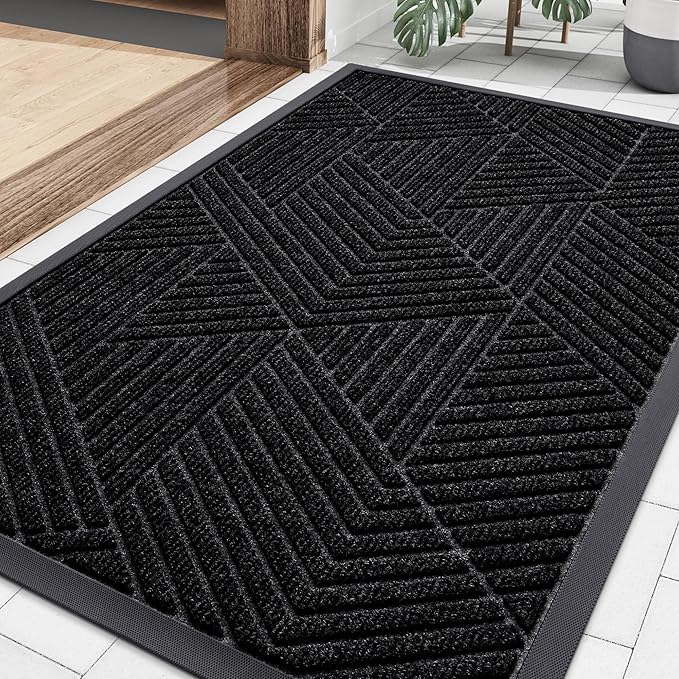 Smiry Front Door Mat Outside Entrance, Heavy Duty Sturdy Natural Rubber Doormat, Trap Dirt and Moisture, Easy Clean Low Profile Welcome Floor Mats for Indoor Outdoor Entry, 35x23 Inch, Black