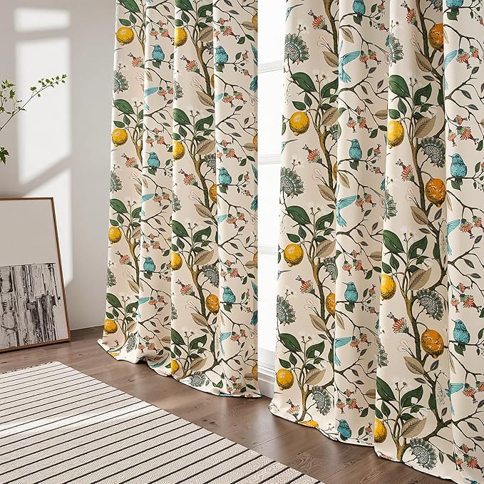 Topfinel Floral Curtains 90 Inches Long 2 Panels Unique Natural Beige Luxury Elegant Colorful Euro Flower Hummingbird Patterned Rustic Vintage Grommet Drapes for Classroom Room Office Closet 52x90