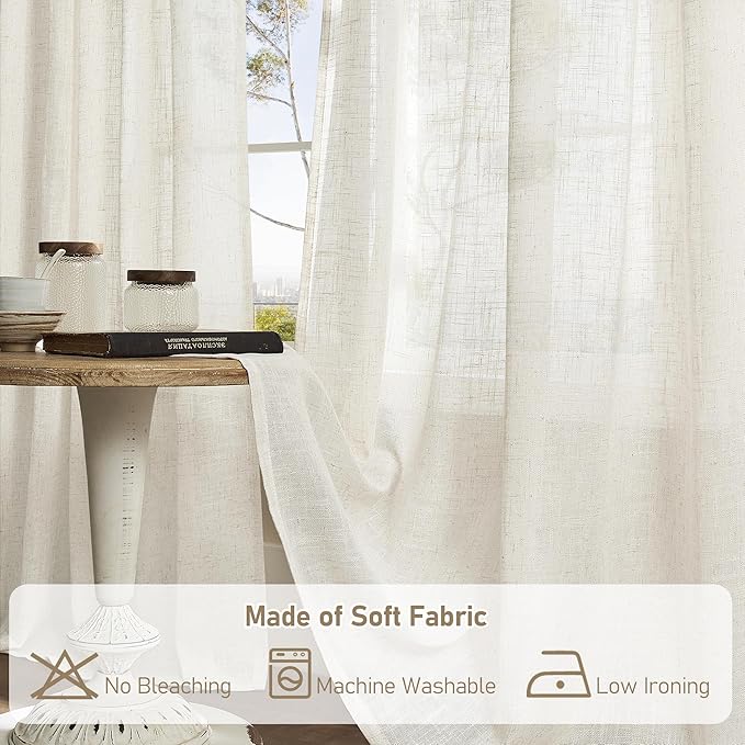 LAMIT 63 Inch Semi Sheer Linen Curtains, Light Filtering Panels Back Tab and Rod Pocket Neutral Drapes for Bedroom/Living Room, Natural, 2 Panels, 34 x 63 Inch