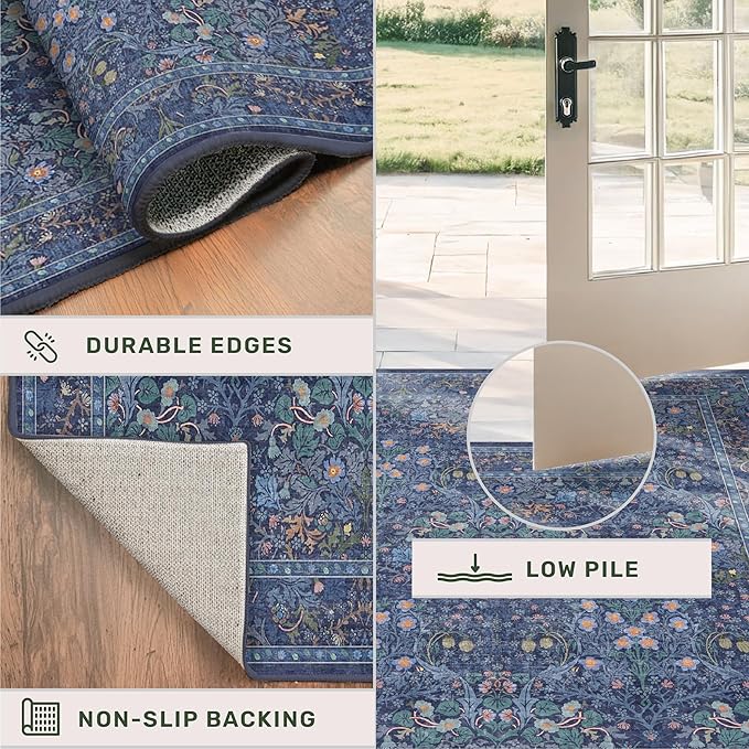Hazo Haus Non Slip 2x6 Dark Blue Kitchen Runner Rug - Long Runner Rugs 24 x 72 Washable Hallway Floor Mat, Bedroom Laundry Room Bathroom Runner - Dusky Navy Vintage Floral Design Décor