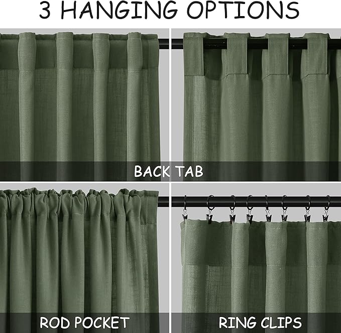 Extra Long Curtain 108 Inches Long 2 Panels Set Back Tab Olive Green Linen Drapes for Living Room Neutral Farmhouse Light Filtering Semi Sheer Linen Curtains 108 Inch Length for Large Window 9 FT