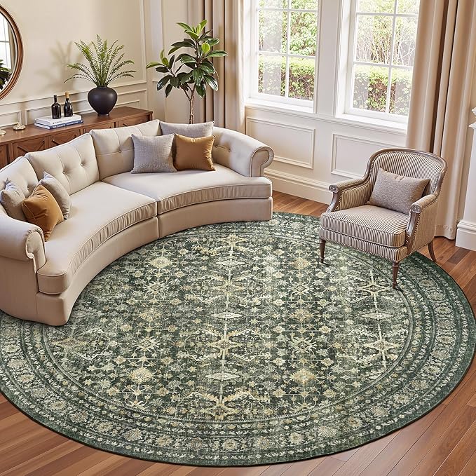 Lofus 6ft Area Rugs for Living Room, Green Washable Area Rug with Non-Slip Backing,Soft Boho Carpets for Bedroom Dining Room Home Office Indoor Nursery