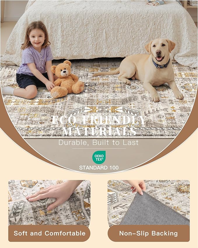 Madane Area Rug 3x5, Washable Entryway Rugs Printed Vintage Rugs for Bedroom Non Slip Indoor Kitchen Runner for Living Room Laundry Room Playroom Soft Non-Slip Floor Carpets, Brown/Gold