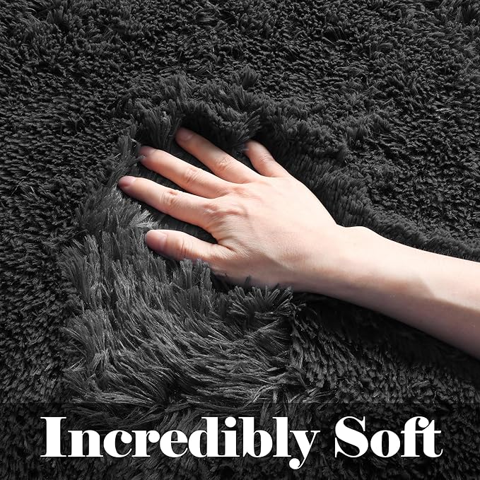 ONASAR Black Rugs for Bedroom, 3x5 Fluffy Bedside Small Area Rug, Soft Plush Fuzzy Shaggy Indoor Floor Carpet for Living Room Nursery College Dorm Teen Kids Girls Boys Home Decor Aesthetic