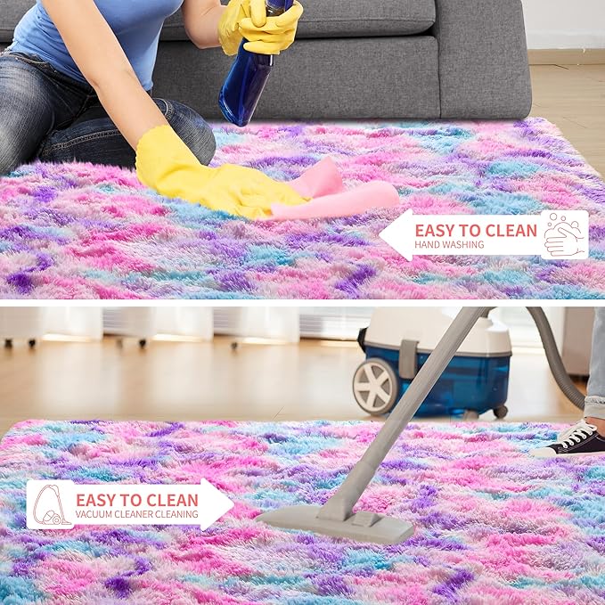 Tepook Soft Rainbow Rug for Girls Room, Cute Fluffy Girls Bedroom Rugs, 4x6 Feet Shaggy Princess Rug Colorful Carpet for Kids Teens Toddler Playroom Nursery Reading Nook, Hot Pink