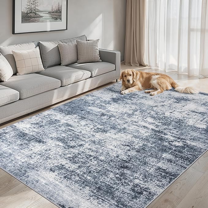 Area Rugs Living Room Rug - 4x6 Washable Modern Abstract Soft Neutral Non-Slip Carpet Large Indoor Floor Thin Carpets for Bedroom Dining Room Farmhouse Nursery Home Office Grey Blue