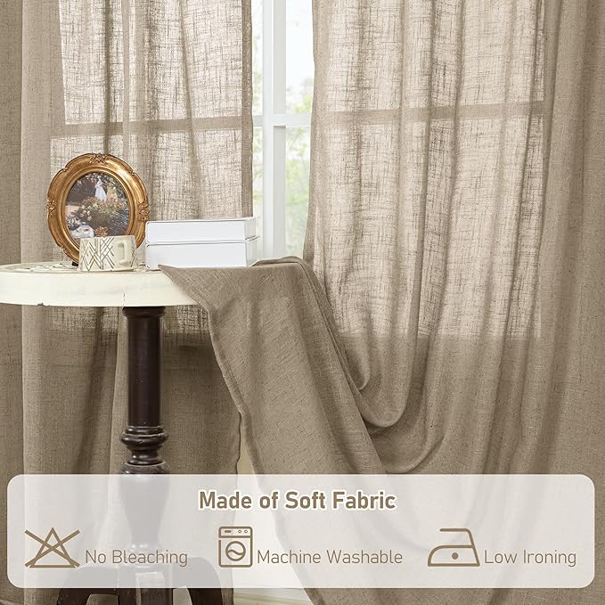 LAMIT Taupe Sheer Linen Curtains, 108 inch Light Filtering Semi Sheer Panels Back Tab and Rod Pocket Farmhouse Rust Drapes for Bedroom/Living Room, 2 Panels, 52 x 108 Inch