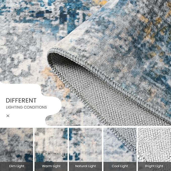Living Room Rug 7x10 Ultramarine Area Rugs Machine Washable Abstract Boho Large Rug Non-Slip Non-Shedding Faux Wool Indoor Vintage Carpet for Bedroom, Classroom, Dining Room, Kids Playroom