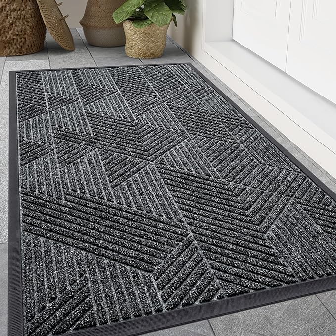Smiry Front Door Mat Outside Entrance, Heavy Duty Sturdy Natural Rubber Doormat, Trap Dirt and Moisture, Easy Clean Low Profile Welcome Floor Mats for Indoor Outdoor Entry, 47x23 Inch, Grey