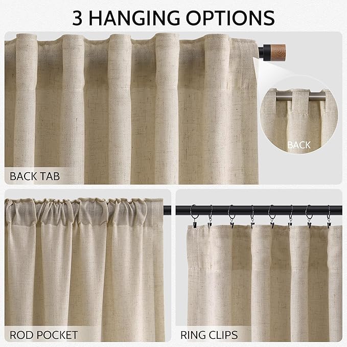 Taupe Burlywood Linen Curtains for Living Room 94 Inches Long Light Filtering Semi Sheer Curtain Back Tab Rustic Luxury Neutral Modern Farmhouse Decor Drapes for Bedroom Dinner Room 52x94, 2 Panels
