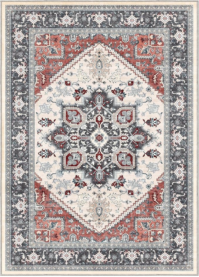 OPPODREAM Soft 6x9 Area Rugs, Washable Rug 6x9 with Non Slip Backing, Faux Cashmere Low-Pile 6 x 9 Carpet, Black & Red