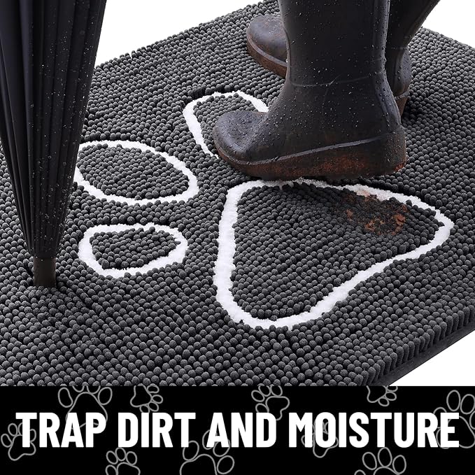 Smiry Dog Door Mat for Muddy Paws, Absorbent Dirt Trapper Non Slip Quick Dry Washable Chenille Mat for Mud Dogs, Entry Rug for Indoor and Outdoor (70x32 Inches, Dark Grey and White)