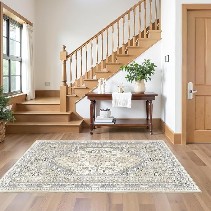4x6 Area Rugs for Living Room, Non-Slip Backing Small Kids Rugs for Bedroom, Vintage Floral Rug Home Decor, Low Pile Soft Washable Rug for Kitchen, Dining Room (Beige,4'x6')