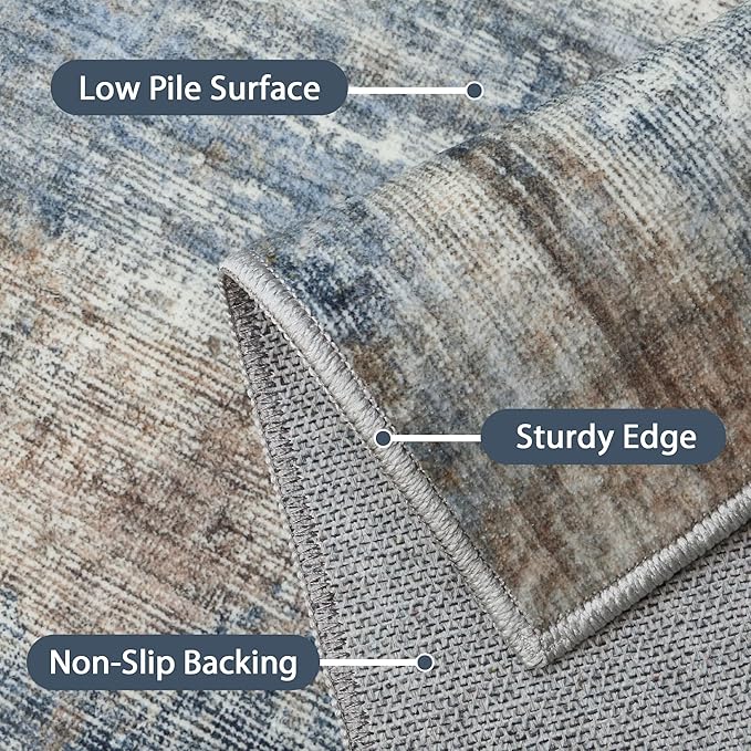 BEIMO Area Rugs 5x7 for Living Room Bedroom, Modern Abstract Machine Washable Rug, Large Soft Low Pile Floor Carpet with Non Slip Backing for Dining Room, Denim Blue/Taupe
