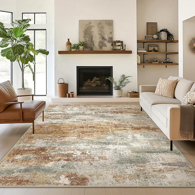BEIMO Area Rugs 9x12 for Living Room Bedroom, Modern Abstract Machine Washable Rug, Large Soft Low Pile Floor Cover with Non Slip Backing for Dining Room, Orange Green