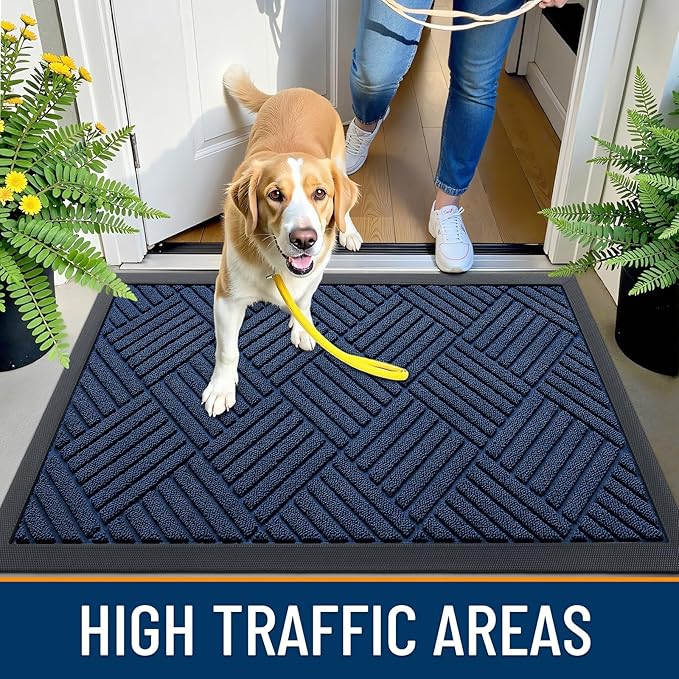 OLANLY Front Door Mat Outside Entrance 35x23, Absorbent, Heavy Duty Sturdy Natural Rubber Doormat Indoor Outdoor, Stain Fade Resistant, Non-Slip Low Profile Floor Mat for Entryway, Navy Blue Diamond